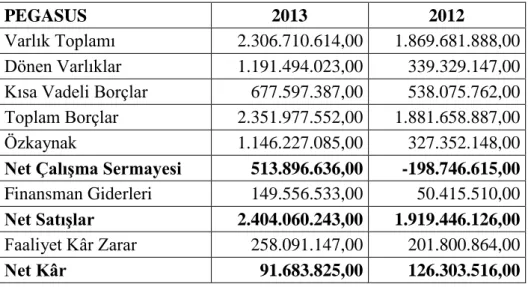 Tablo 7: PEGASUS 2012 &amp; 2013 Özet Finansal Veriler Tablosu 