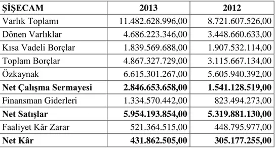 Tablo 13: ġĠġE CAM 2012 &amp; 2013 Özet Finansal Veriler Tablosu 