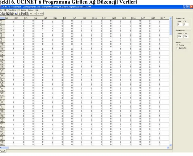 Şekil 6. UCINET 6 Programına Girilen Ağ Düzeneği Verileri   