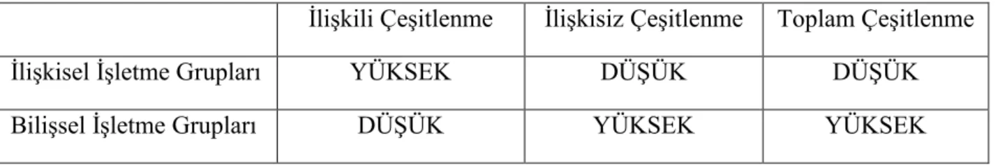 Tablo 7. İlişkisel ve Bilişsel İşletme Gruplarında Çeşitlenme Düzeyi 