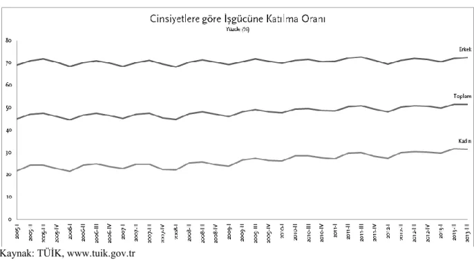 Şekil  1. Cinsiyetlere Göre İşgücüne Katılma Oranı (2005-2013) 