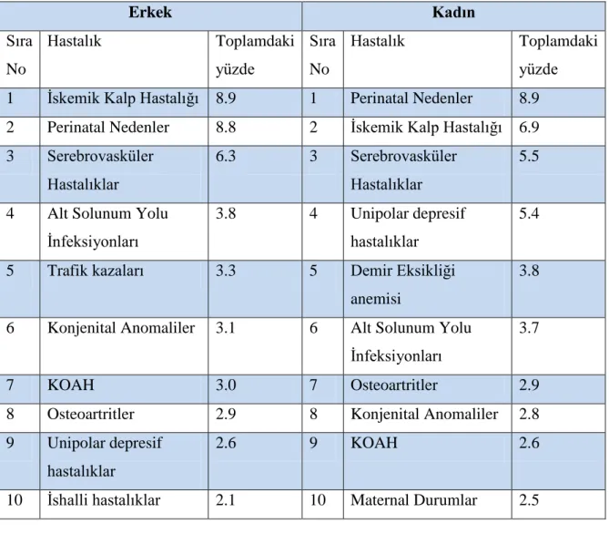 Tablo  9.  Türkiye’de  Hastalık  Yükünü  OluĢturan  Ġlk  On  Hastalığın  Cinsiyete  ve  Toplam Ġçindeki Yüzdesine Göre Dağılımı