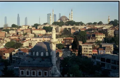 Şekil 4.14   Zeyrek’ten Süleymaniye Camisi ve Haydarpaşa’nın simulasyon görüntüsü 1 GAP  İnşaatın  görsel  sunumlarına  rağmen  1/5000  ve  1/1000  Ölçekli  Haydarpaşa  Gar,  Liman  ve  Geri  Sahası  Koruma  Amaçlı  Nazım  İmar  Planı’nın,  İstanbul  Büyük
