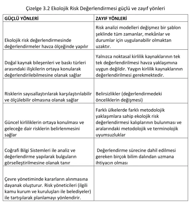 Çizelge 3.2 Ekolojik Risk Değerlendirmesi güçlü ve zayıf yönleri 