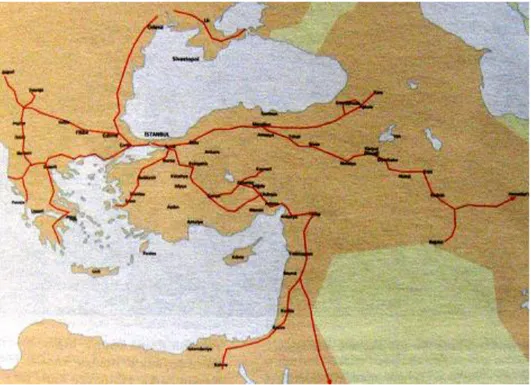 Şekil 3.8 18. Yüzyılda Osmanlı İmparatorluğunda yollar, ulak ve iaşe menzilleri [358] 