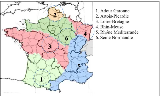 Şekil 3.5 Fransa’da nehir havzaları ve istatistiki bölge birimleri sınırları [11],[12]  Adour Garonne Havzası: Sulama 