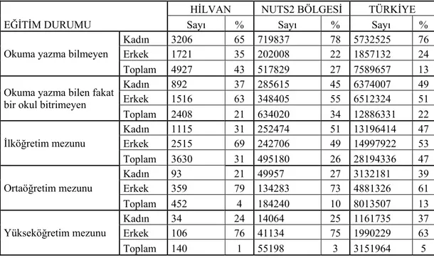 Çizelge 4.9: Nüfusunun öğrenim düzeyi (6 ve daha üzeri yaş grubu) (DİE, 2000) 