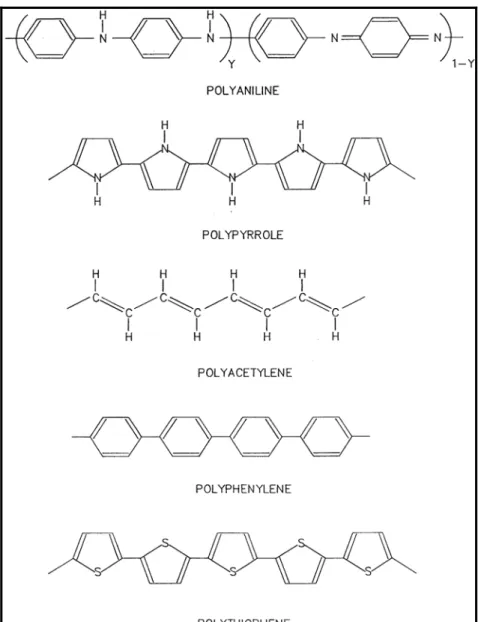 Şekil 3.1 Biyosensörlerde kullanılan bazı iletken polimerlerin yapıları (Gerard, M.,2002)  İletken polimerler arasında politiyofen çeşitli özellikleri nedeniyle özel bir yere sahiptir