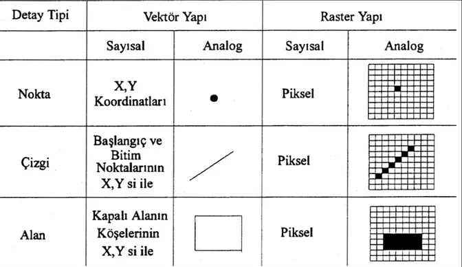Şekil 2.4 Raster ve vektör veri yapıları (Yağız, 1998) 