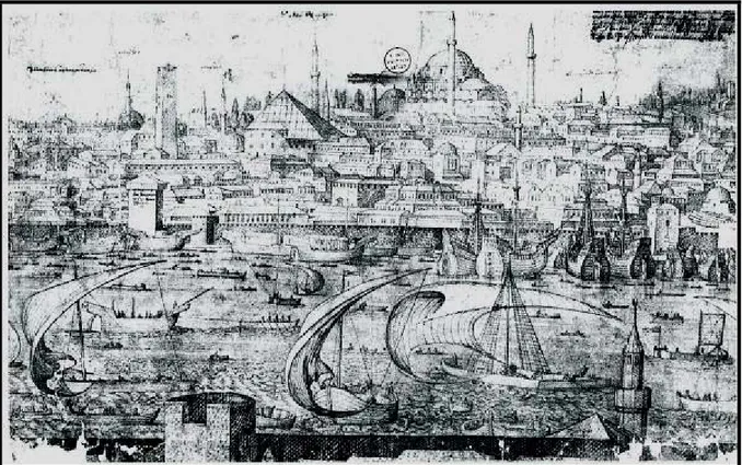 Şekil 2.1 Melchior Lorichs’in 1557-1561 yıllarında Haliç Limanı’nı tasvir eden gravüründe Valide  Han’daki Bizans kulesi (İrene Kulesi) (Wiener, İstanbul’un Tarihsel Topografyası, 1998) 