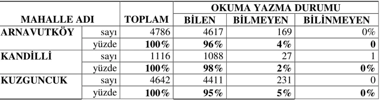 Çizelge 5.6 Arnavutköy, Kandilli ve Kuzguncuk mahallelerinin okuma-yazma durumuna  ba lı demografik yapısı (Anonim, 2005d)