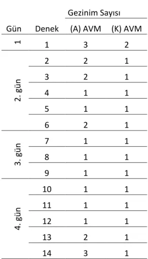 Çizelge 5. 5 Gezinim sayısı  Gezinim Sayısı   Gün  Denek  (A) AVM  (K) AVM 