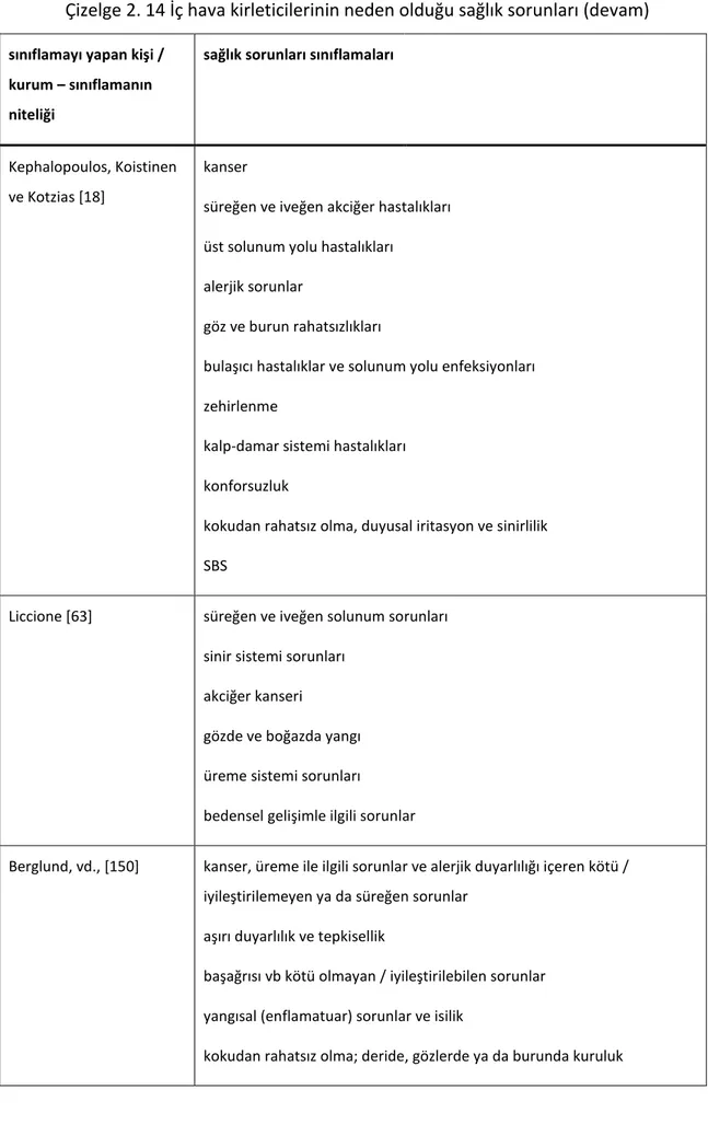 Çizelge 2. 14 İç hava kirleticilerinin neden olduğu sağlık sorunları (devam) 