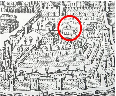 ġekil 3.1 Vavassore‟nin 1479 tarihli kayıp bir çizime dayanarak 1520‟de yaptığı Ġstanbul  haritasında Çinili KöĢk (Necipoğlu, 2007)