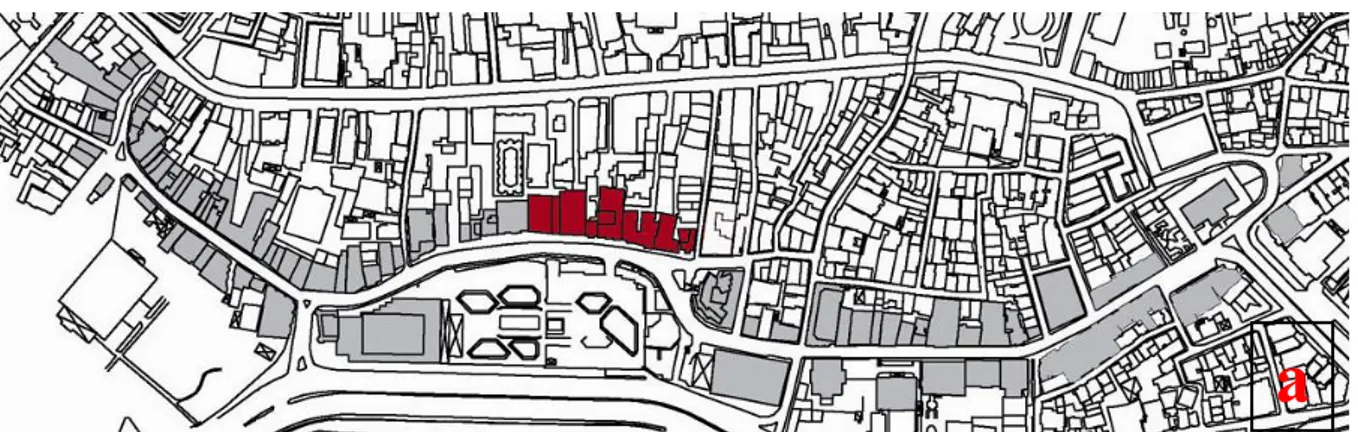 Şekil 5.1 a)Meşrutiyet Caddesi vaziyet planı b) Meşrutiyet Caddesi’nde seçilen binalar