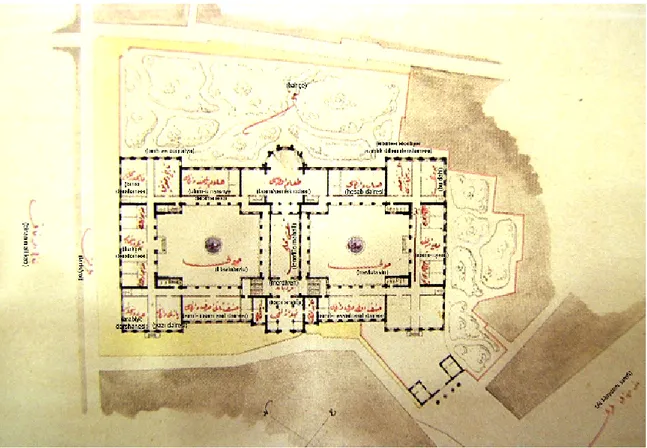 Şekil 3.3. Fossati’nin Bab-ı Defteri arazisine yerleştirdiği Darülfünun binasına ait ilk önerinin  zemin kat planı (Palumbo-Fossati, 1970, s.99)