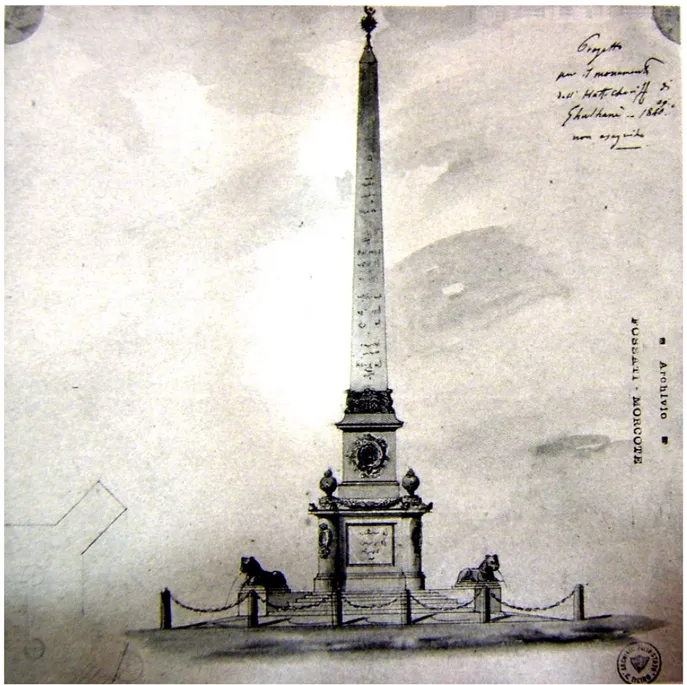 Şekil 4.1. Gaspare Fossati tarafından Bayezid Meydanı’na dikilmek üzere tasarlanmış, ancak  inşa edilmemiş olan “nişân-ı adâlet” projesi (Palumbo-Fossati, 1970, s.97)