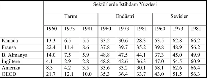 Çizelge 2.1 1960 - 1981 yılları arasında gelişmiş endüstri ülkelerinde tarım, endüstri ve servis  sektörlerindeki istihdam oranları (Judd ve Parkinson, 1990; 16)