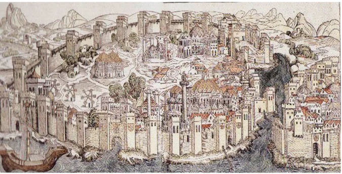 Şekil 2.2 Schhedel’e ait panoramada 1493 yılında kentin görünümü (Kayra, 1990a: 65) 
