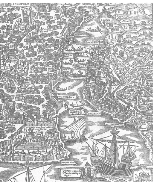 Şekil 3.16 15. yüzyıl sonlarında Haliç Limanı’nın görünümü. Vavassore’nin gravüründen  (1550) detay (Müller-Wiener, 1998: 1)