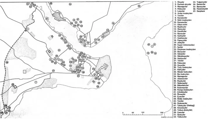 Şekil 3.20 17. yüzyılın ikinci yarısında imalatçı ve zanaatkar esnafın yerleri (Mantran, 1990,  2: Harita 11) 