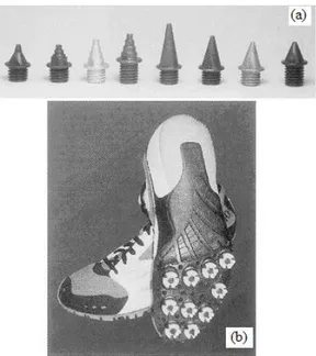 Şekil 2.26 a) Al MMK koşu ayakkabısı çivileri b) bu çivilerin kullanıldığı bir koşu  ayakkabısı [8] 