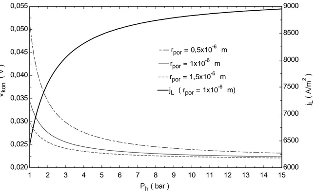 Şekil 2.7 Farklı gözenek boyutlarında konsantrasyon polarizasyonun ve limit akım  yoğunluğunun basınçla değişimi (j=3000 A/m 2 ) 