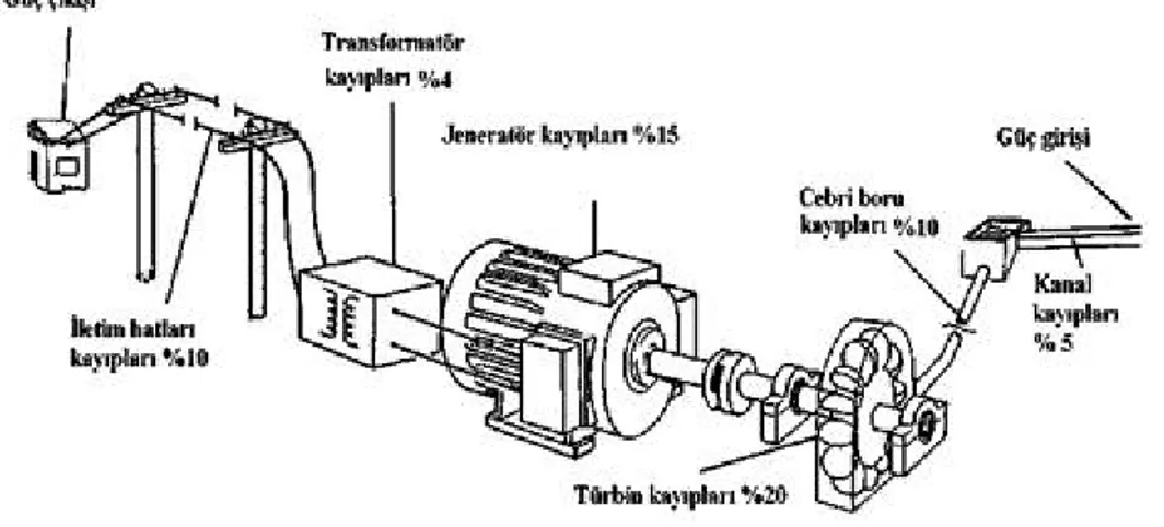 Şekil 1.20 Bir Hidroelektrik Santralde Toplam Güç Çıkışı ve Kayıplar,[10] 