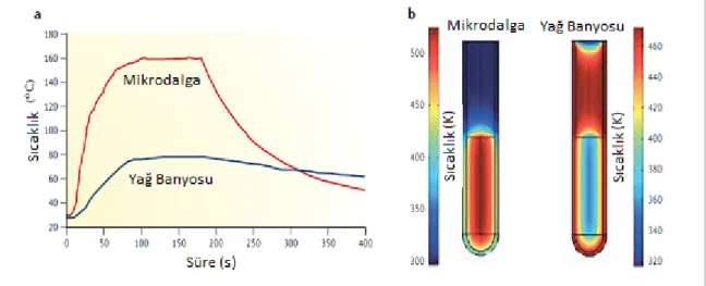 Şekil 5. 5 Etanole ait mikrodalga ve yağ banyosuda elde edilen veriler. (a)Isıtma hızı ve  (b) sıcaklık profilleri [160] 