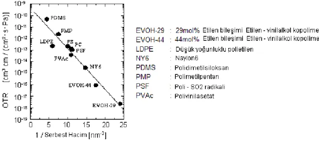 Şekil 2.29 Polimerlerde serbest hacmin tersi ile OTR arasındaki ilişki [130].  Spesifik serbest hacim v f   şu şekilde tanımlanabilir
