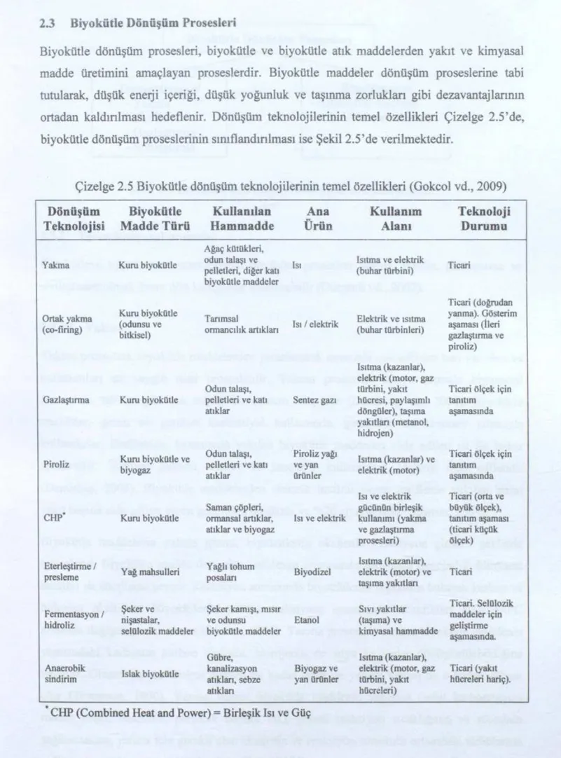 Çizelge 2.5  Biyokütle dönüşüm teknolojilerinin temel özellikleri (Gokcol vd.,  2009)