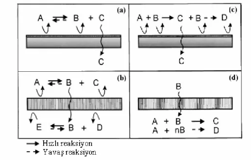 Şekil 3.1 Membran reaktörde dönüşüm arttırma uygulamaları, (a) Denge limitli  reaksiyonlarda ürünün seçici olarak geçişi, (b) Reaksiyonların birleştirilmesi