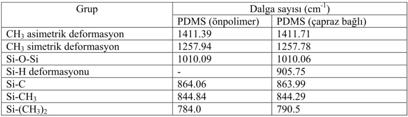 Çizelge 4.1 PDMS’in modifikasyon öncesi ve sonrasında FTIR spektrum değerleri  karşılaştırılması (Chalmers ve Griffithis, 2001) 