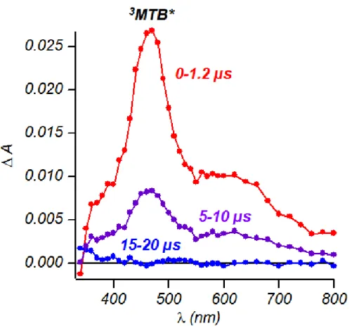 Şekil 4.  17 MTB’nin argon ile doyurulmuş asetonitril içerisindeki çözeltisinin lazer flaş  fotoliz spektrumu ve 460 nm’ deki triplet ömür grafiği 