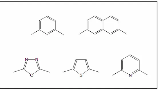 Şekil 3.15 ''Banana-shaped'' bileşiklerde merkezi ünite olarak kullanılan aromatik halka  sistemleri (Nadasi, 2004)