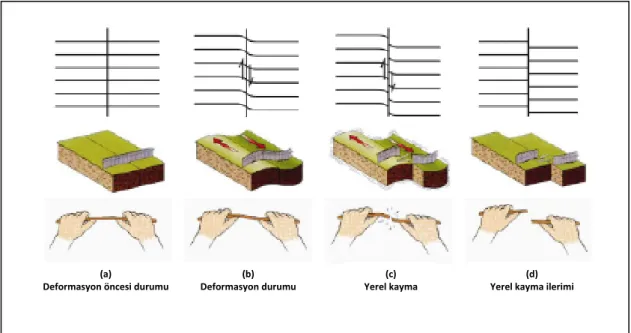 Şekil  4.7(b)  ve  Şekil  4.8(b)’de  önceden  çizilen  doğruların  bükülmesi  faylanmayı  haber  veren  bir  ön  belirti  olarak  düşünülebilir.  Fakat  gerçekte  deformasyonlar  tek  bir  fayın  etrafında oluşmaz. Ana faya paralel veya onu kesen diğer fay