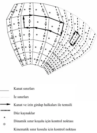 Şekil 2.4 Bir kaldırıcı yüzey metodunda pervane kanadı ve izi üzerinde sınır koşulları için  girdap, kaynak ve kontrol noktalarının yerleşimi (Griffin, 1998) 