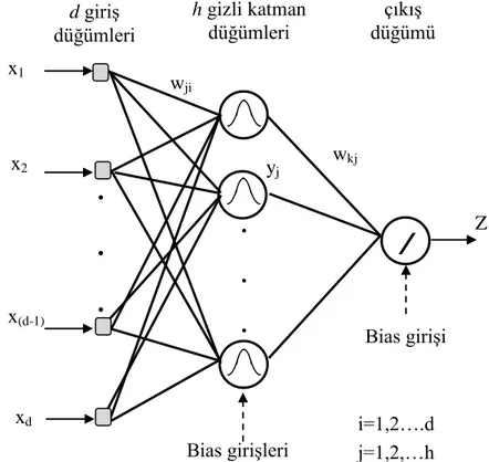 Şekil 2.3 Radyal tabanlı fonksiyon (RTF) ağ yapısı 