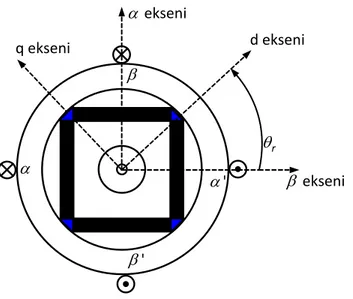 Şekil 4.7 Sabit iki faz referans düzlemde SMSM modeli  (4.38)’de verilen stator gerilimleri ifadesine Clarke dönüşümü uygulanırsa; 