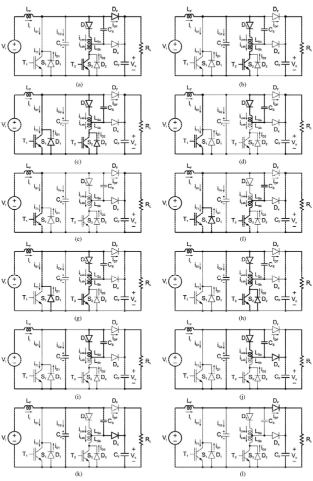 Şekil 4. 2 Sunulan ZVT-ZCT PWM yükseltici dönüştürücünün çalışma durumlarına ait  eşdeğer devre şemaları [38] 