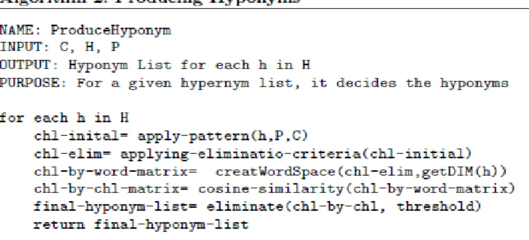 Figure 4.2 Create Hyponym List for each Hypernym in H (C=Corpus,  H=Hypernym List, DIM= Dimension, P= Pattern, chl= candidate hyponym list)  The output of the first algorithm is used in the second algorithm