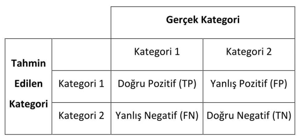 Çizelge 2.3 Verilen bir örnek için hata matrisi  Gerçek Kategori 