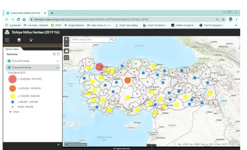 Şekil 12:  WEB  Uygulaması Haline Dönüştürülmüş Türkiye Nüfus Haritası (2019 Yılı).  https://learngis1.maps.arcgis.com/apps/webappviewer/index.html?id=ea7f192ed1e54aa c9112ef7eb1118782 