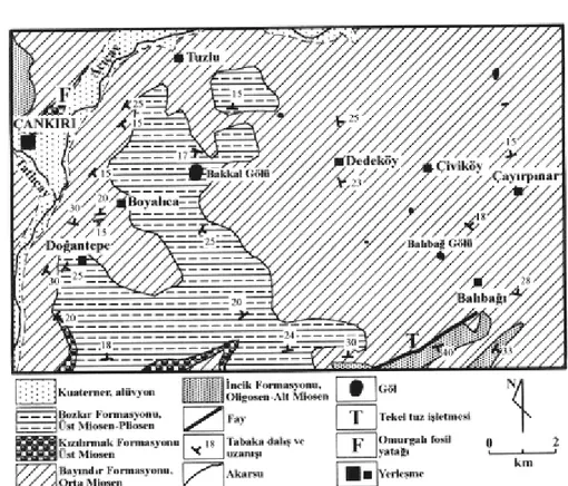 Şekil 2. Çalışma alanının jeoloji haritası (Çevikayak, 1981 ve Yoldaş, 1982’ den kısmen  değiştirilerek alınmıştır)