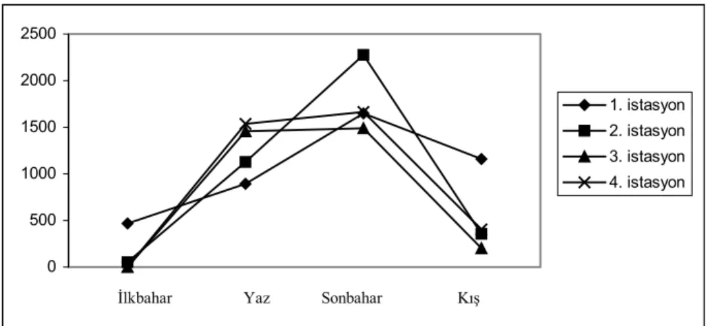 Şekil 8. Cladocera üyelerinin mevsimlere ve istasyonlara göre dağılımı (birey / m 3 ) 