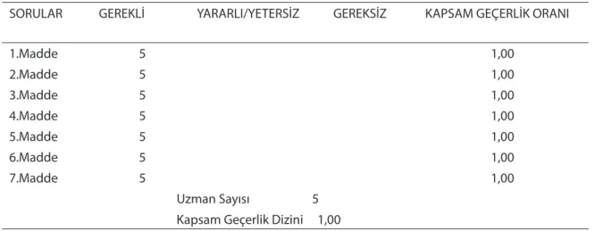 Tablo 5. Program Değerlendirme Formu Geçerlik Hesaplaması