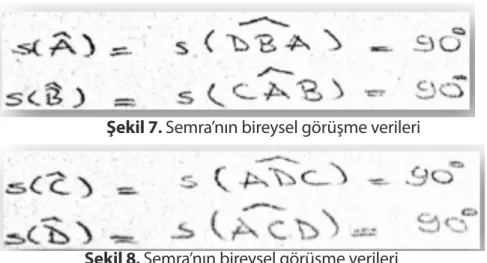 Şekil 9 ve Şekil 10 incelendiğinde, Buğra’nın  şekil, sembol ve matematiksel notasyonları açık  ve doğru bir şekilde kullandığı gözlenirken,  Semra’nın sadece şekillerden yararlandığı  görülmüştür