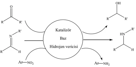 Şekil 2.2. Çoklu bağların transfer hidrojenasyonla indirgenmesi, Katalizör: metal kompleksi; Baz: K 2 CO 3 , 