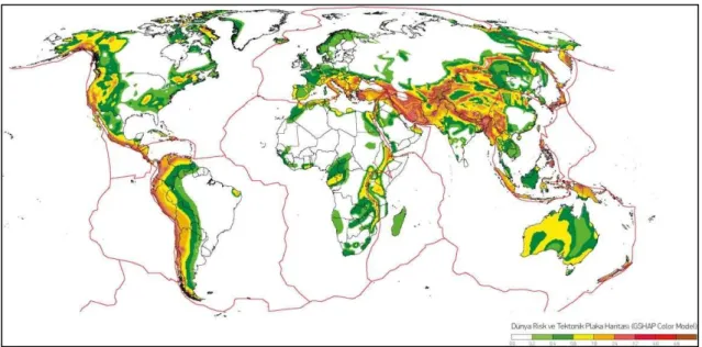 Şekil 1.2. Dünya Risk ve Tektonik Plaka Haritası (Ulomov 1999) 