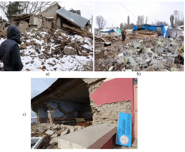 Şekil 3.5. a, b) Mollakasım Köyü’nde yıkılan yapılar c) Ağır hasar alan ilkokul (Antakyalı 2011) 